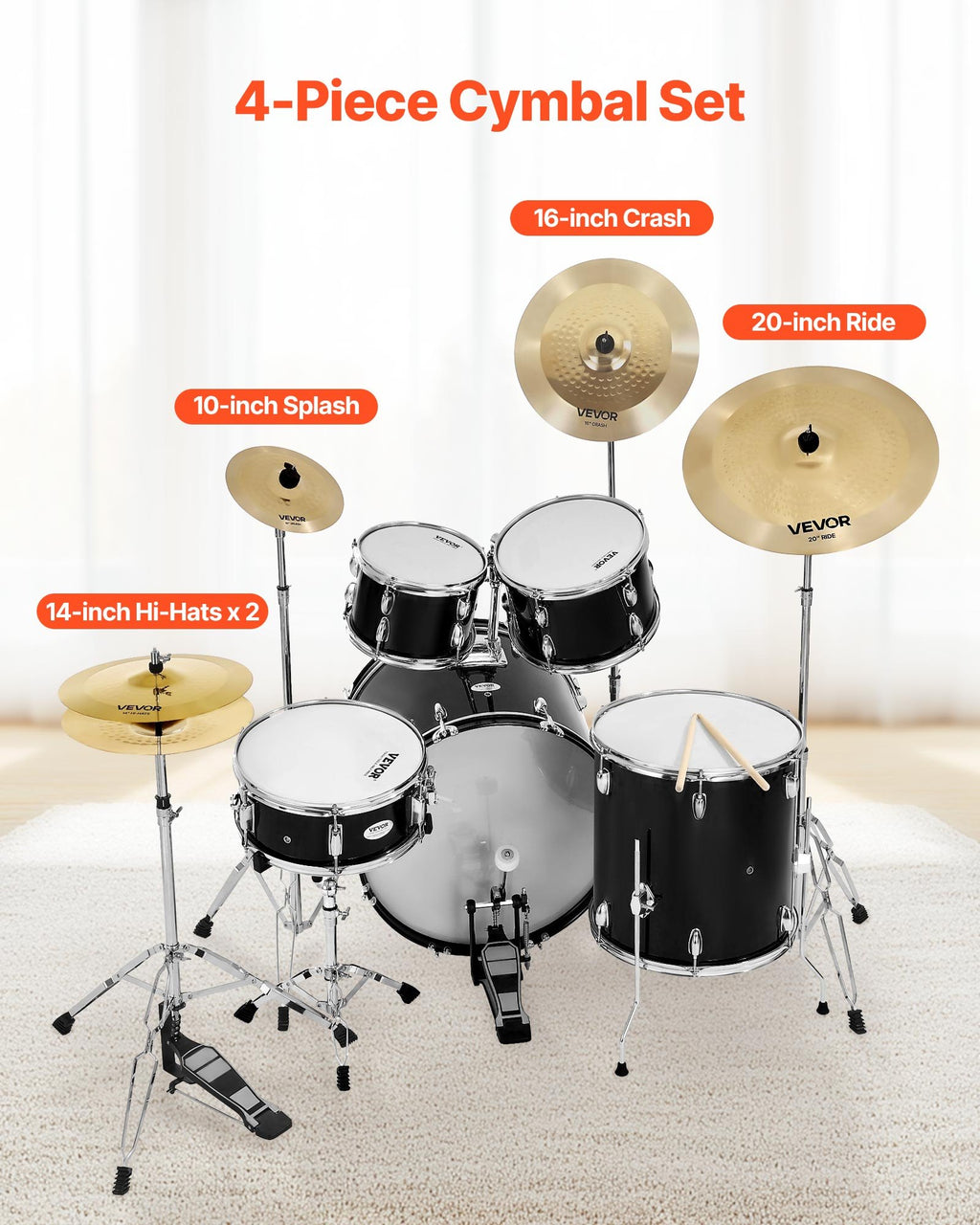 Cymbal Pack, 4 Pieces Cymbals For Drum Set, Alloy Cymbals Drum Set Includes 14-inch Hi-Hats, 16-inch Crash, 20-inch Ride, 10-inch Splash, Drumsticks & Cymbal Bag, Alloy Cymbal Pack For Drummer