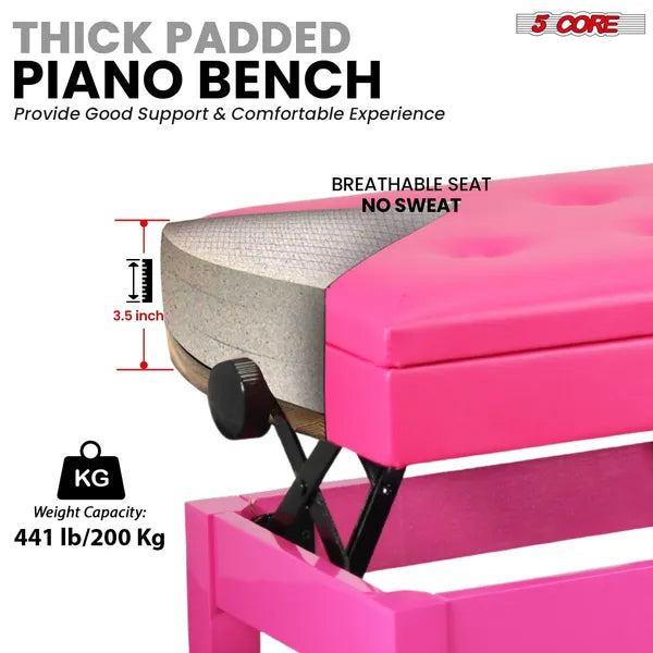 5 Core Duet Piano Bench 3.5 Inch Padded Cushioned Stool Wooden Heavy Duty Musician Chair Height Adjustable Double Keyboard Seat W Storage Nonslip Cherry - PNB DT CHERRY
