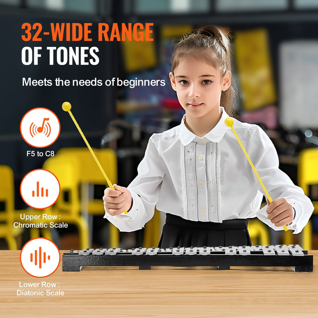 32 Note Glockenspiel Xylophone Bell Kit, Percussion Instrument With Mallets, Drum Sticks And Carrying Bag, Professional Glockenspiel Xylophone Percussion Instrument Set For Adults & Students