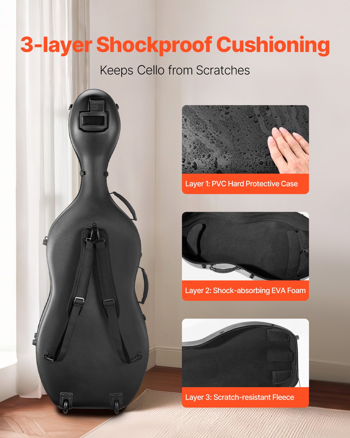 4/4 Cello Case Full Size, Carbon Fiber Composite, Portable Travel Carrying Bag, With Soft Lining, Two Shoulder Straps, Scratch-Resistant, Professional Cello Shape, For Cello, Black