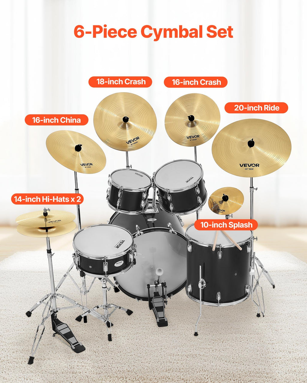 Cymbal Pack, 6 Pieces Cymbals For Drum Set, Alloy Cymbals Drum Set Includes 14-inch Hi-Hats, 16-inch Crash, 18-inch Crash, 20-inch Ride, 10-inch Splash, 16-inch China, Drumsticks & Cymbal Bag