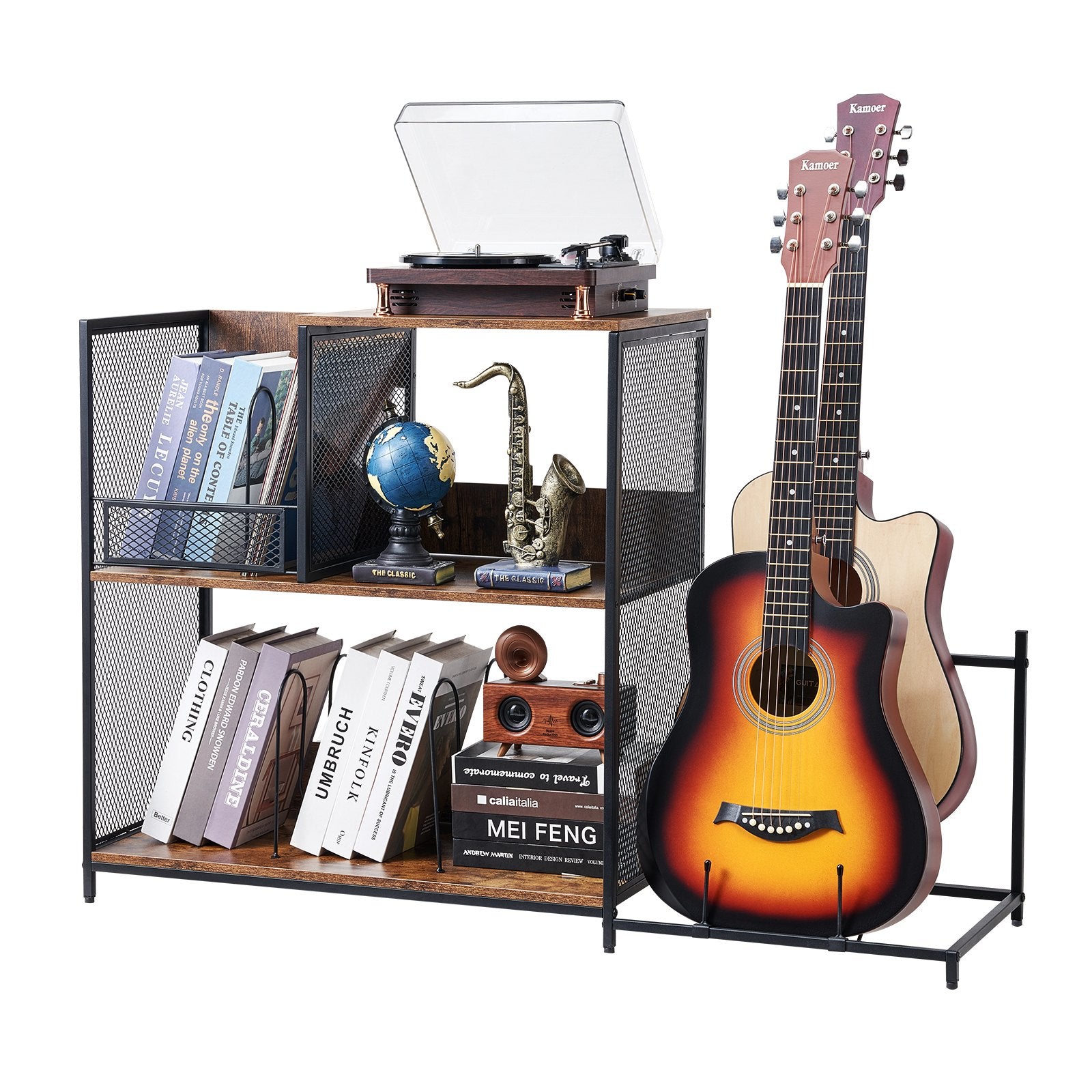 3-Tier Record Player Stand With Guitar Holder, Turntable Stand With Storage Holds Up To 300 Albums, Vinyl Record Cabinet With Metal Mesh Frame For Living Room, Bedroom, Black