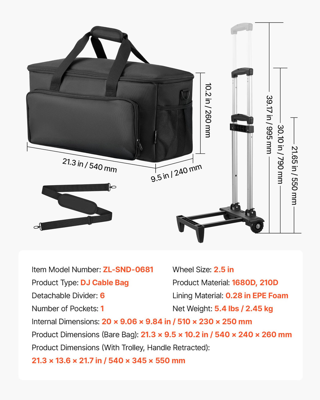 Rolling DJ Cable Bag, 1680D, Padded File Gig Bag With Wheels, 6 Detachable Divider, Travel Storage Music Gear Case, For Professional DJ Gear, Musical Instrument And Accessories, Sound Equipment