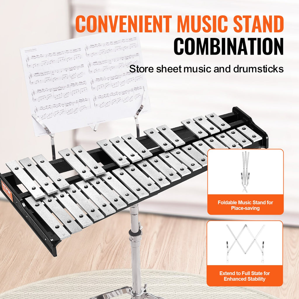 32 Note Glockenspiel Xylophone Bell Kit, Professional Percussion Instrument Set With Mallets, Drum Sticks, Music Stand, Adjustable Stand And Carrying Bag For Students & Adults