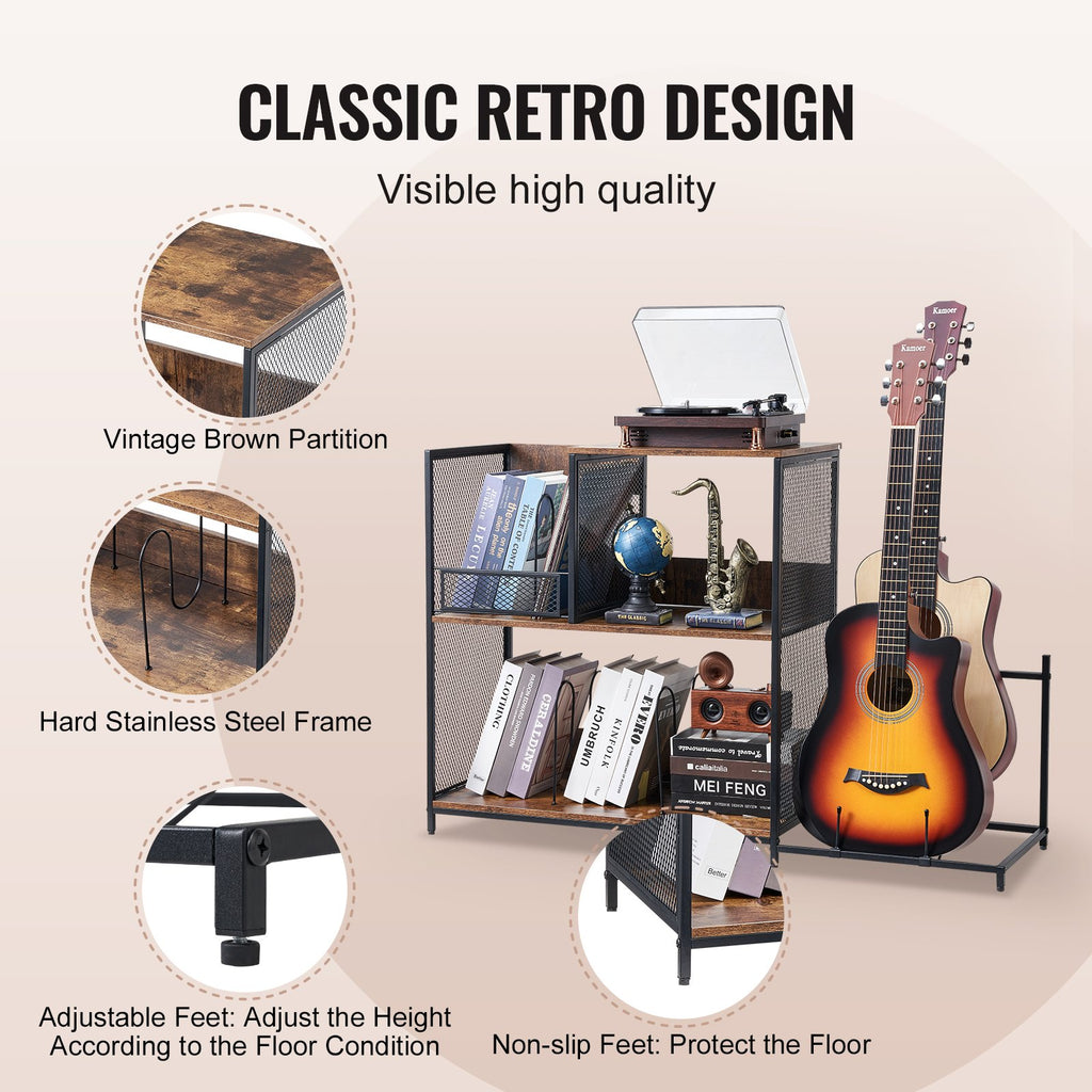 3-Tier Record Player Stand With Guitar Holder, Turntable Stand With Storage Holds Up To 300 Albums, Vinyl Record Cabinet With Metal Mesh Frame For Living Room, Bedroom, Black