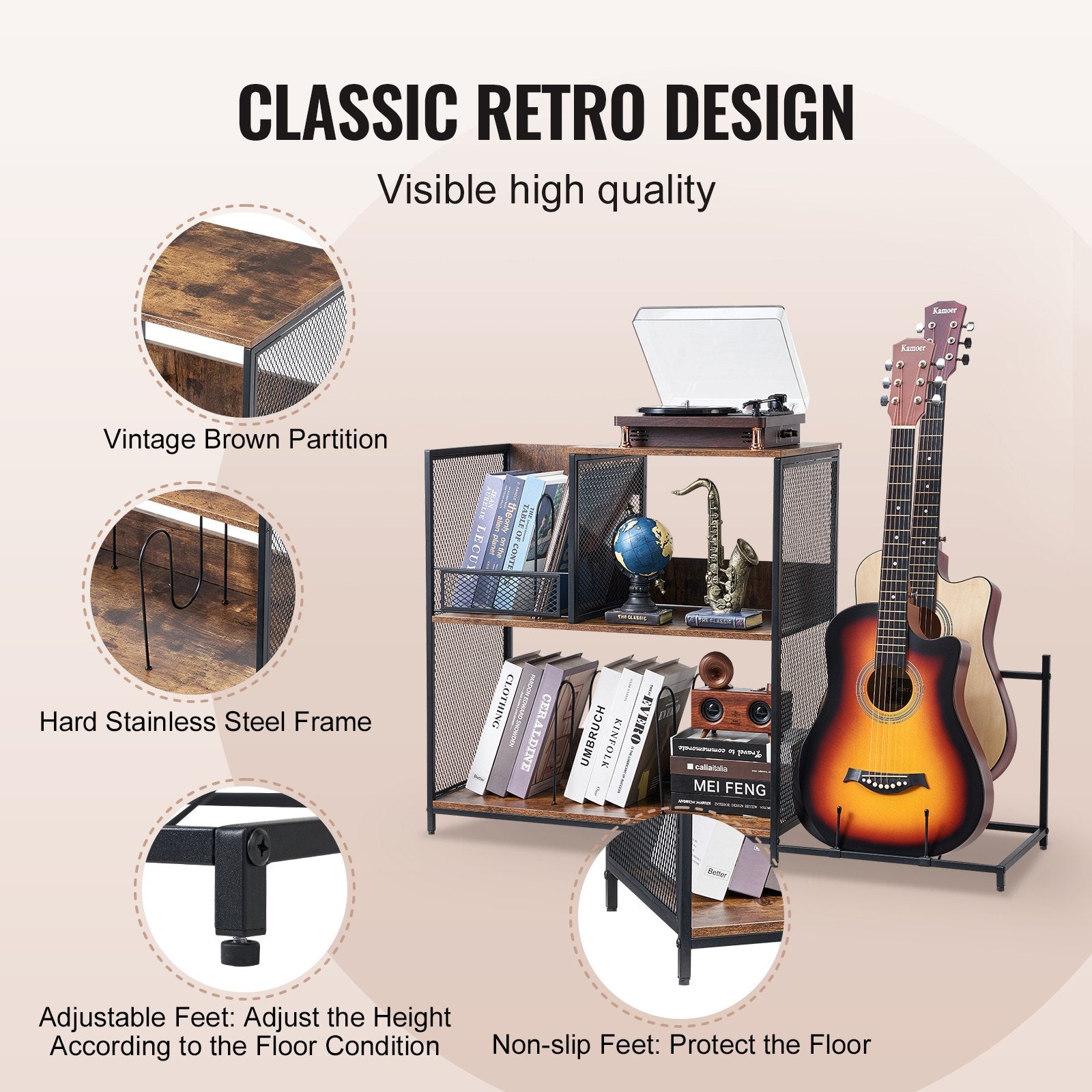3-Tier Record Player Stand With Guitar Holder, Turntable Stand With Storage Holds Up To 300 Albums, Vinyl Record Cabinet With Metal Mesh Frame For Living Room, Bedroom, Black