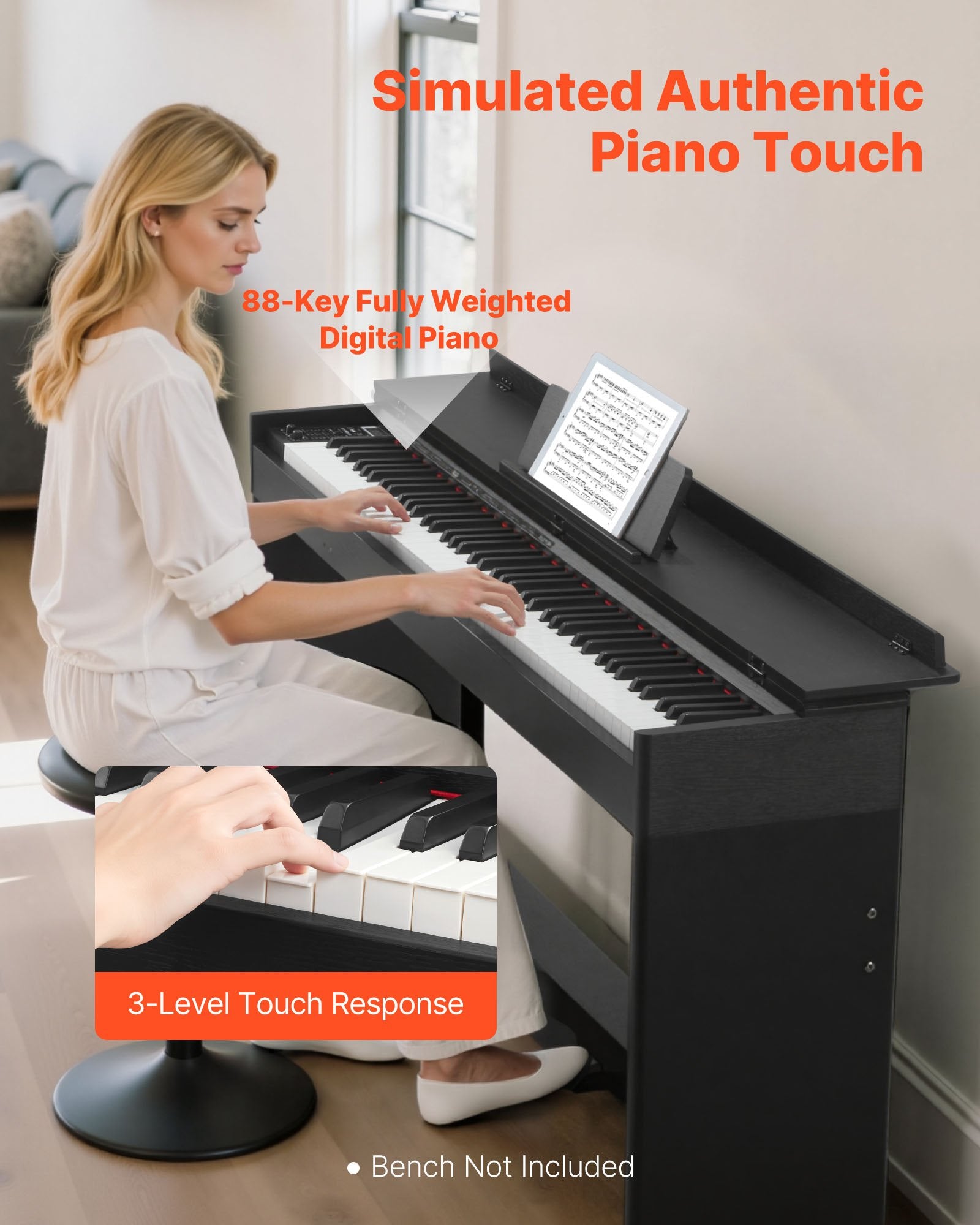 Digital Piano 88 Keys Full-Weighted Touch-Sensitive E-Piano With Furniture Stand Power Supply