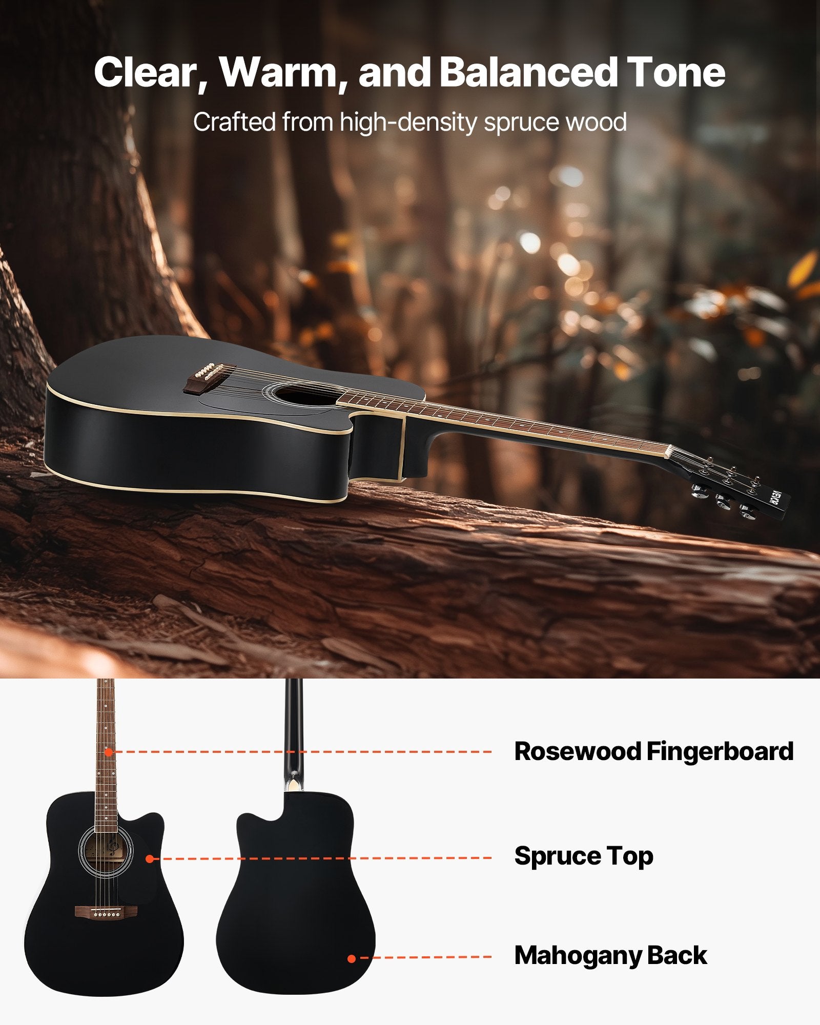 Cutway Acoustic Guitar, 41 In, 6-String Black Solid Spruce Top Guitar, Beginner Bundle With Gig Bag, Tuner, Strap, Strings, Picks, Capo, Rosewood Fingerboard, For Adult Fingerstyle Solo Jazz