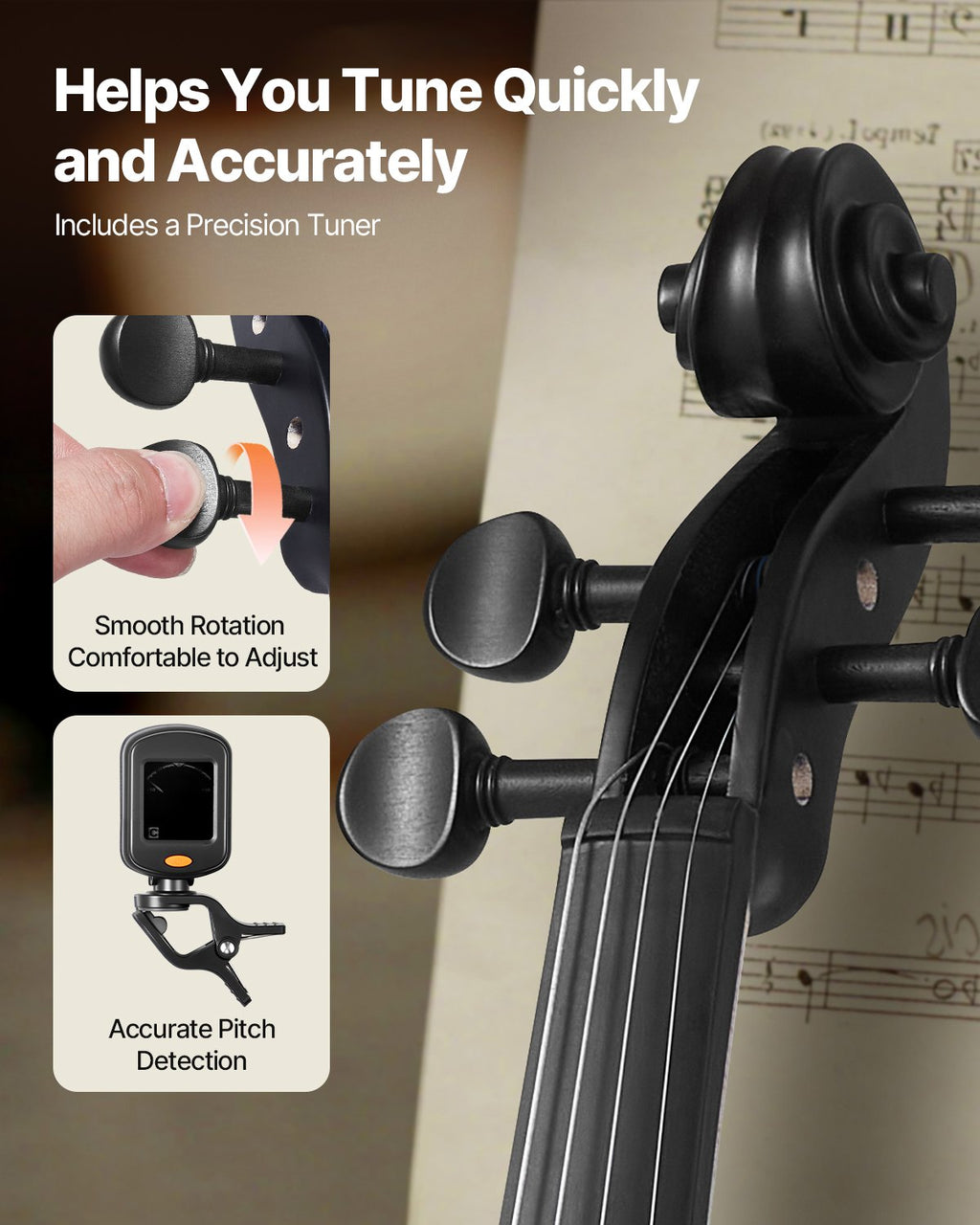 Violin 4/4 Full Size For Adults, Violin Fiddle Set For Beginners Student With Hard Case, Rosin, Bow, Shoulder Rest, Bridge, Tuner And Extra Strings, Professional Solidwood Instruments  (Black)