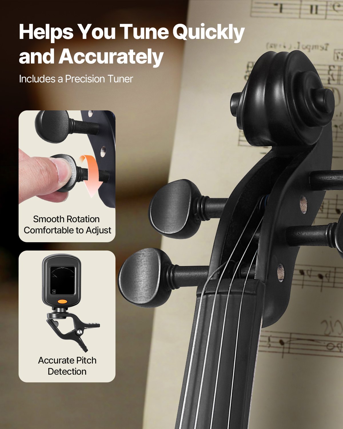 Violin 4/4 Full Size For Adults, Violin Fiddle Set For Beginners Student With Hard Case, Rosin, Bow, Shoulder Rest, Bridge, Tuner And Extra Strings, Professional Solidwood Instruments  (Black)
