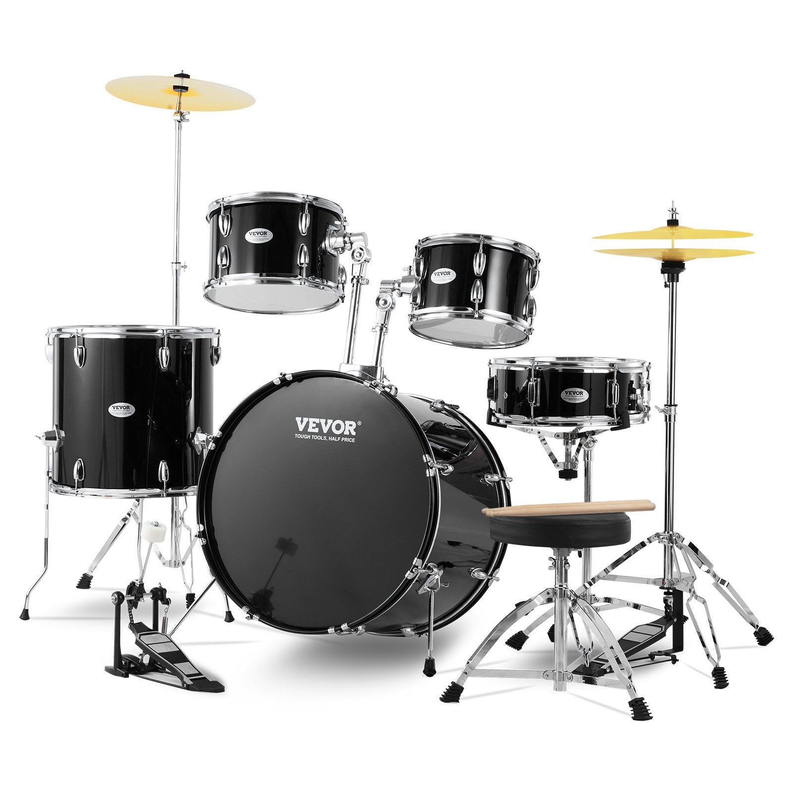 Drum Set, 5-Piece, Full Size Drum With Bass Toms, Snare, Floor Tom, Adjustable Throne Stands, Cymbals, Hi-Hat Pedal And Drumsticks, Beginner Drum Set For Adults, Black