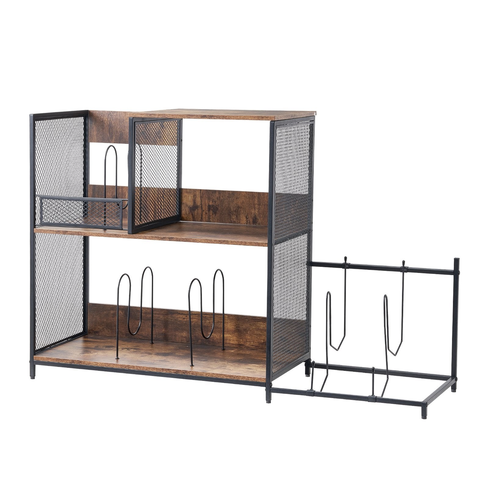 3-Tier Record Player Stand With Guitar Holder, Turntable Stand With Storage Holds Up To 300 Albums, Vinyl Record Cabinet With Metal Mesh Frame For Living Room, Bedroom, Black