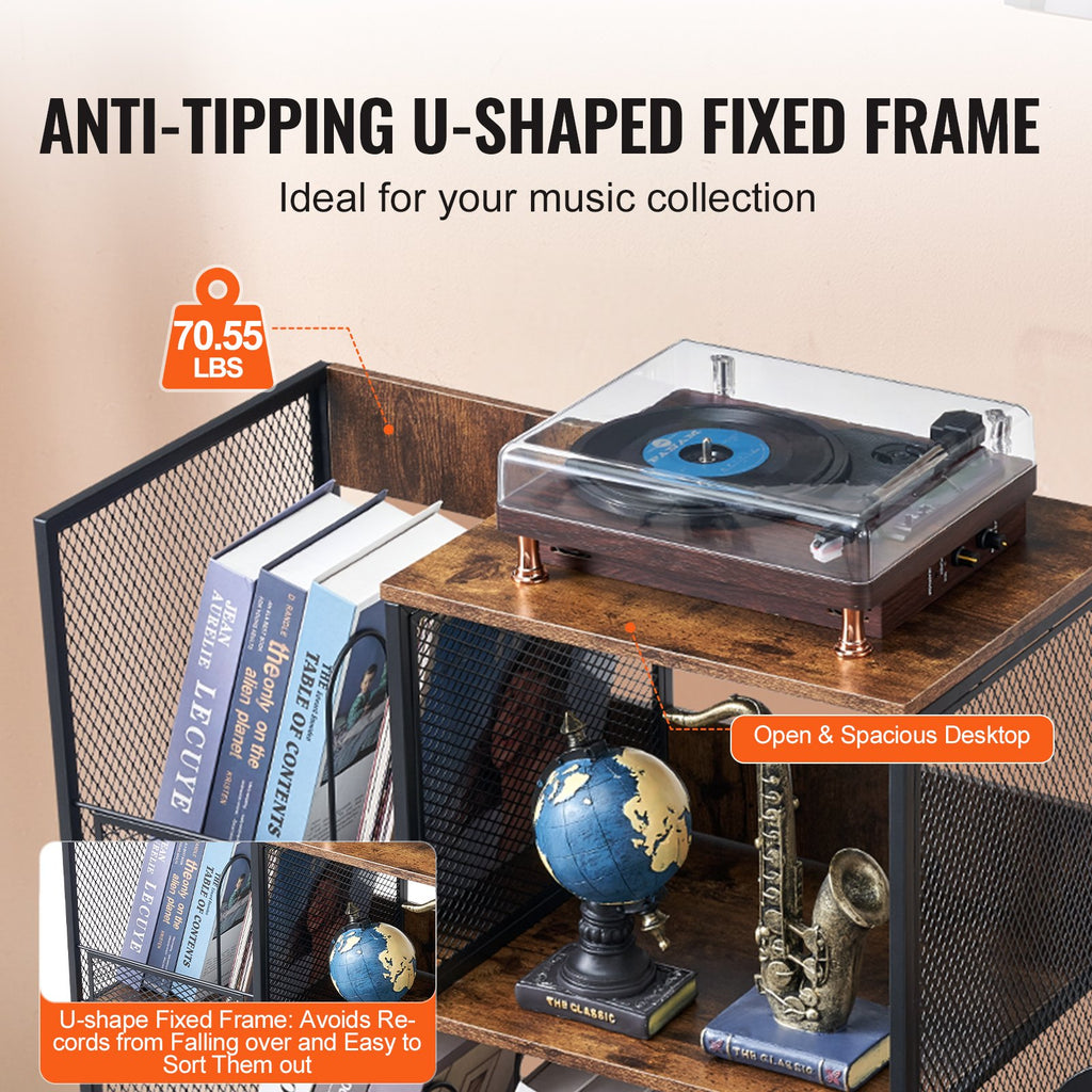 3-Tier Record Player Stand With Guitar Holder, Turntable Stand With Storage Holds Up To 300 Albums, Vinyl Record Cabinet With Metal Mesh Frame For Living Room, Bedroom, Black