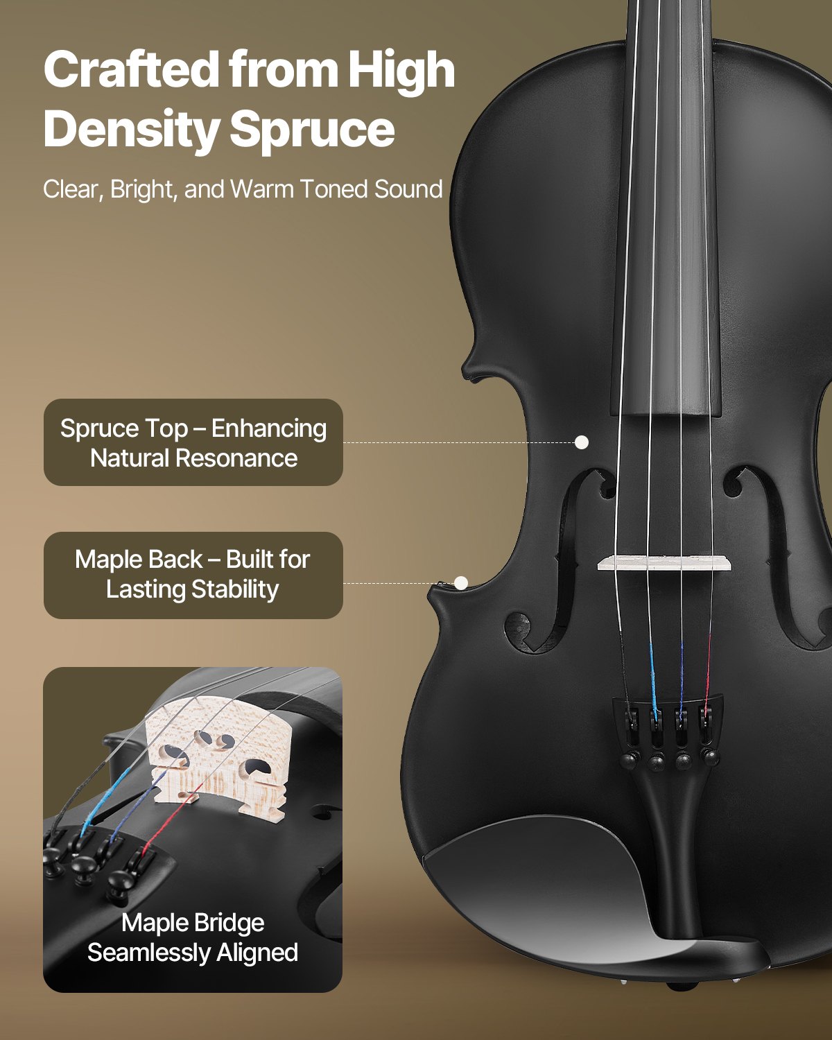 Violin 4/4 Full Size For Adults, Violin Fiddle Set For Beginners Student With Hard Case, Rosin, Bow, Shoulder Rest, Bridge, Tuner And Extra Strings, Professional Solidwood Instruments  (Black)