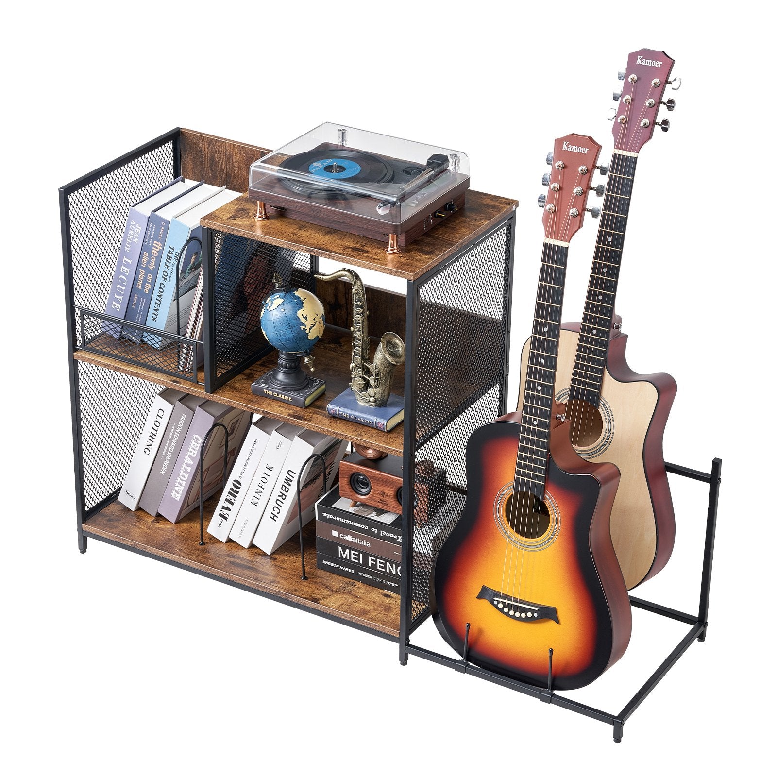 3-Tier Record Player Stand With Guitar Holder, Turntable Stand With Storage Holds Up To 300 Albums, Vinyl Record Cabinet With Metal Mesh Frame For Living Room, Bedroom, Black