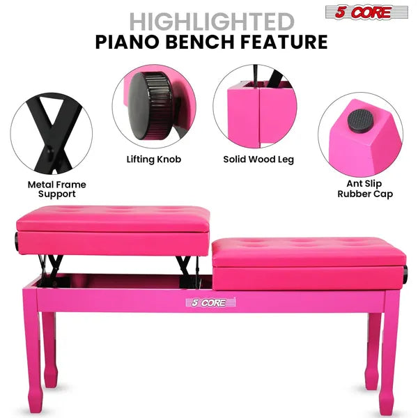 5 Core Duet Piano Bench 3.5 Inch Padded Cushioned Stool Wooden Heavy Duty Musician Chair Height Adjustable Double Keyboard Seat W Storage Nonslip Cherry - PNB DT CHERRY