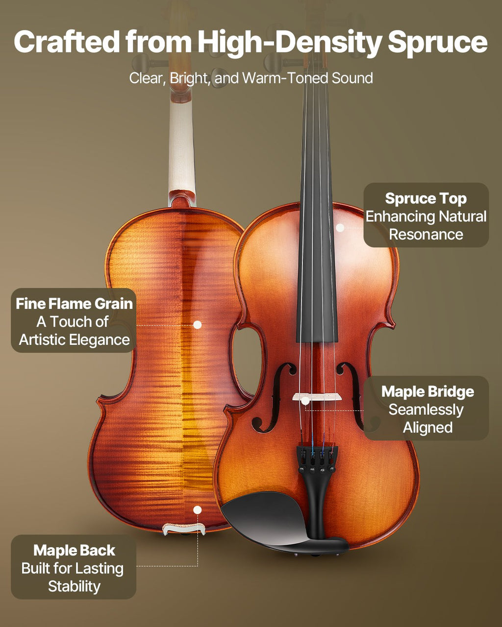 Violin 4/4 Full Size For Adults, Violin Fiddle Set For Beginners Student With Hard Case,Rosin, Bow,Shoulder Rest,Bridge,Extra Strings,Professional Solidwood Instrument (Glossy Brown Patterned)
