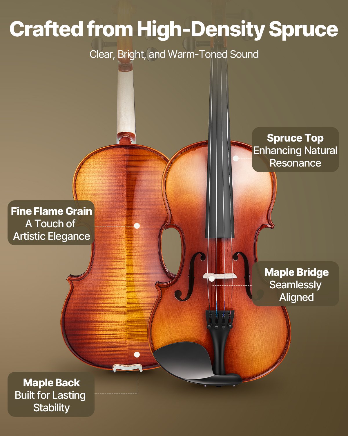 Violin 4/4 Full Size For Adults, Violin Fiddle Set For Beginners Student With Hard Case,Rosin, Bow,Shoulder Rest,Bridge,Extra Strings,Professional Solidwood Instrument (Glossy Brown Patterned)