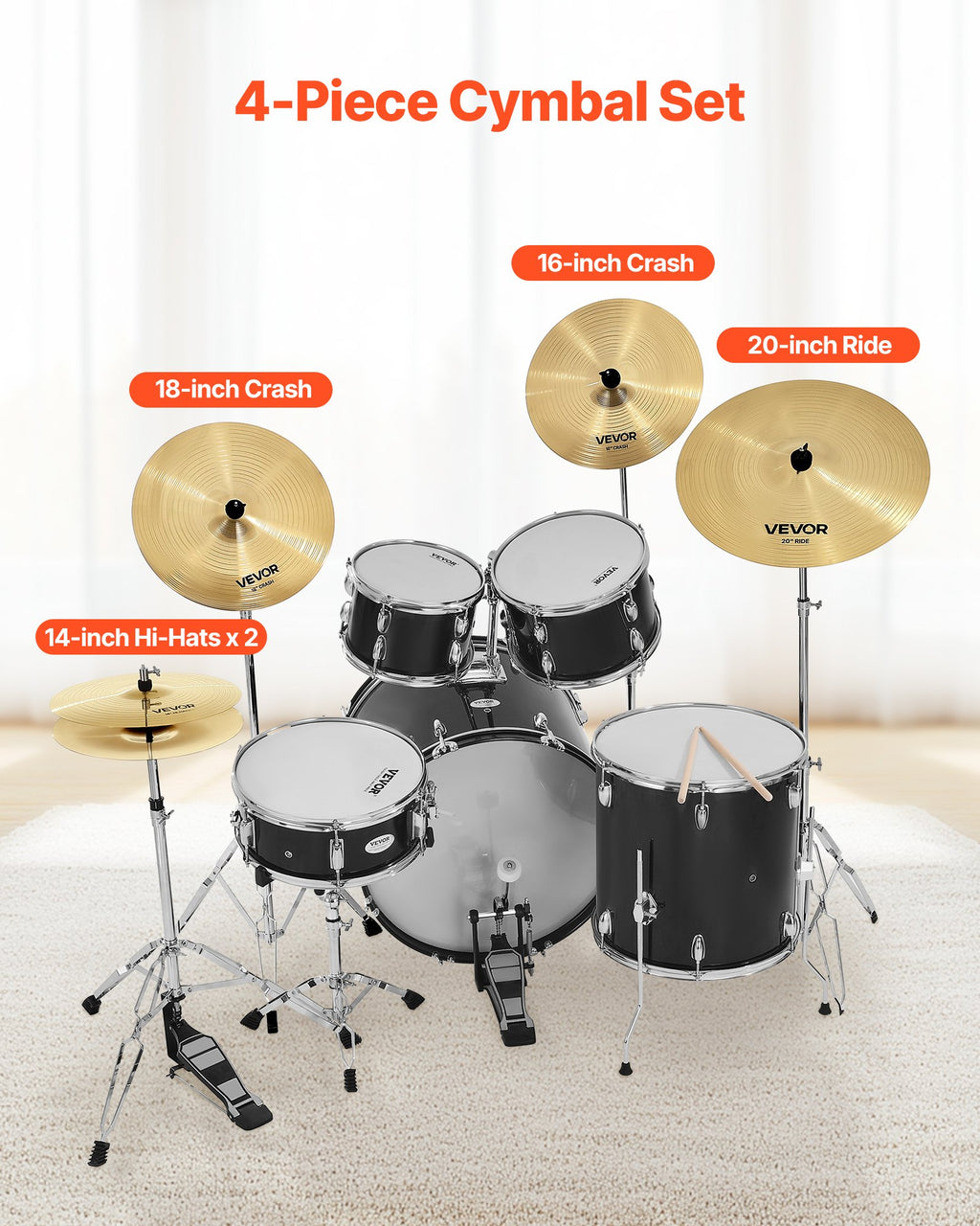 Cymbal Pack, 4 Pieces Cymbals For Drum Set, Alloy Cymbals Drum Set Includes 14-inch Hi-Hats, 16-inch Crash, 18-inch Crash, 20-inch Ride, Drumsticks & Cymbal Bag, Alloy Cymbal Pack For Drummer