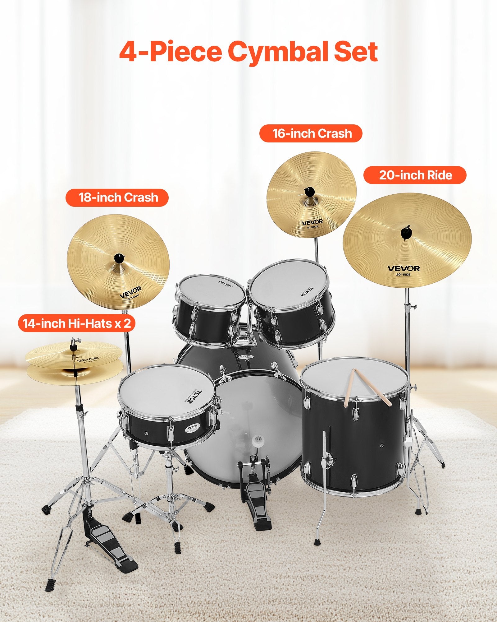 Cymbal Pack, 4 Pieces Cymbals For Drum Set, Alloy Cymbals Drum Set Includes 14-inch Hi-Hats, 16-inch Crash, 18-inch Crash, 20-inch Ride, Drumsticks & Cymbal Bag, Alloy Cymbal Pack For Drummer