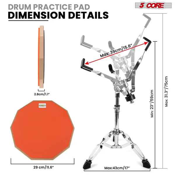 5 Core Drum Practice Pad Set 12" Adjustable Snare Drumming Stand Double Sided Silent Drummer Kit - DPAD COMBO ORG