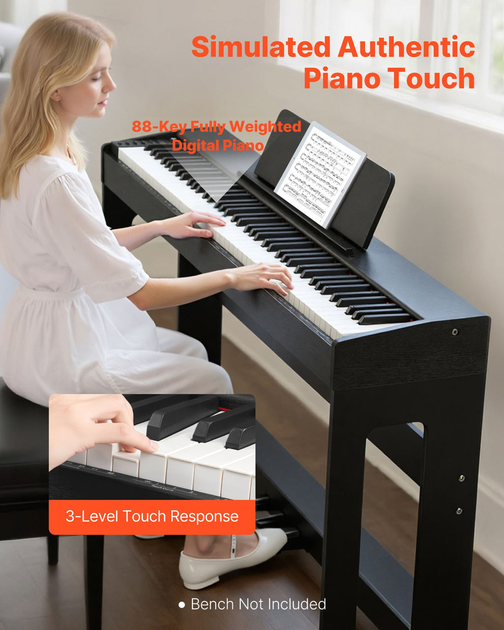 Digital Piano 88 Keys Full-Weighted Touch-Sensitive E-Piano With Furniture Stand Power Adapter