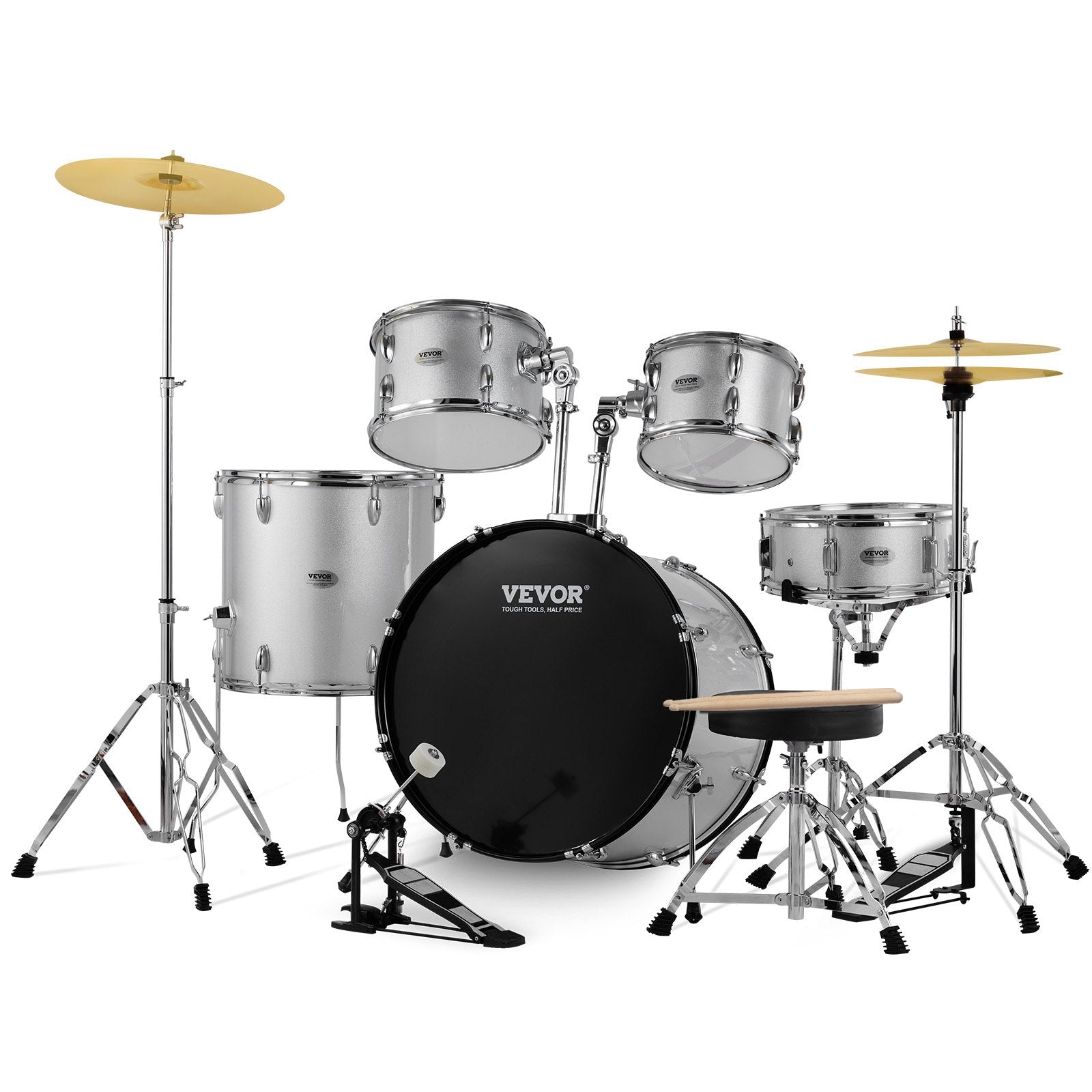 Drum Set, 5-Piece, Full Size Drum With Bass/Tom Drums, Snare, Floor Tom, Adjustable Throne Stands, Cymbals, Hi-Hat Pedal And Drumsticks, Beginner Drum Set, Silver