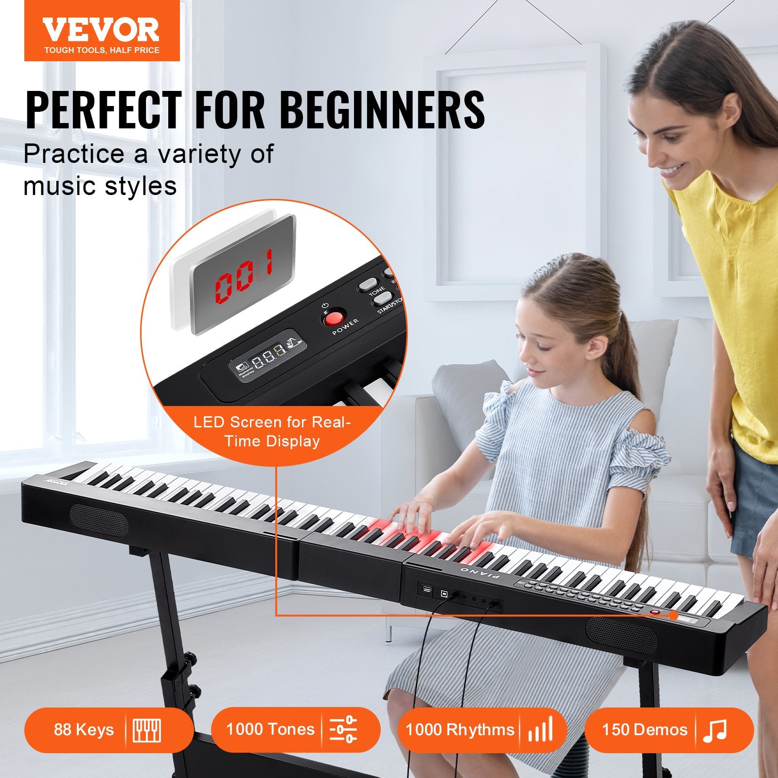 Digital Piano With 88 Keys Semi-weighted Keys Portable Electric Keyboard Piano Set Full Size With 1000 Tones Integrated Speakers