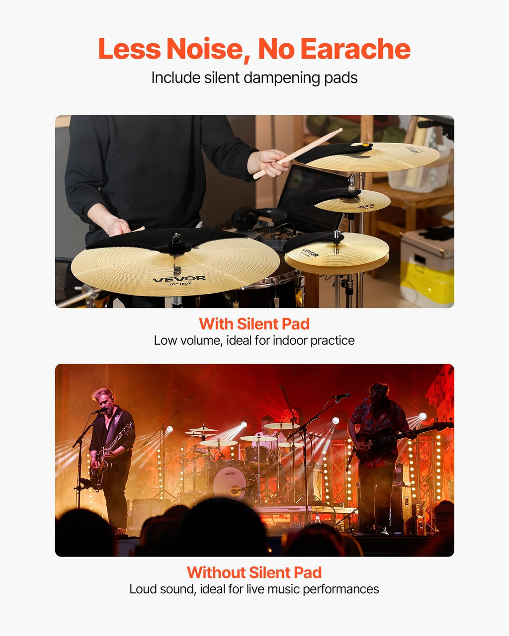 Cymbal Pack, 6 Pieces Cymbals For Drum Set, Alloy Cymbals Drum Set Includes 14-inch Hi-Hats, 16-inch Crash, 18-inch Crash, 20-inch Ride, 10-inch Splash, 16-inch China, Drumsticks & Cymbal Bag