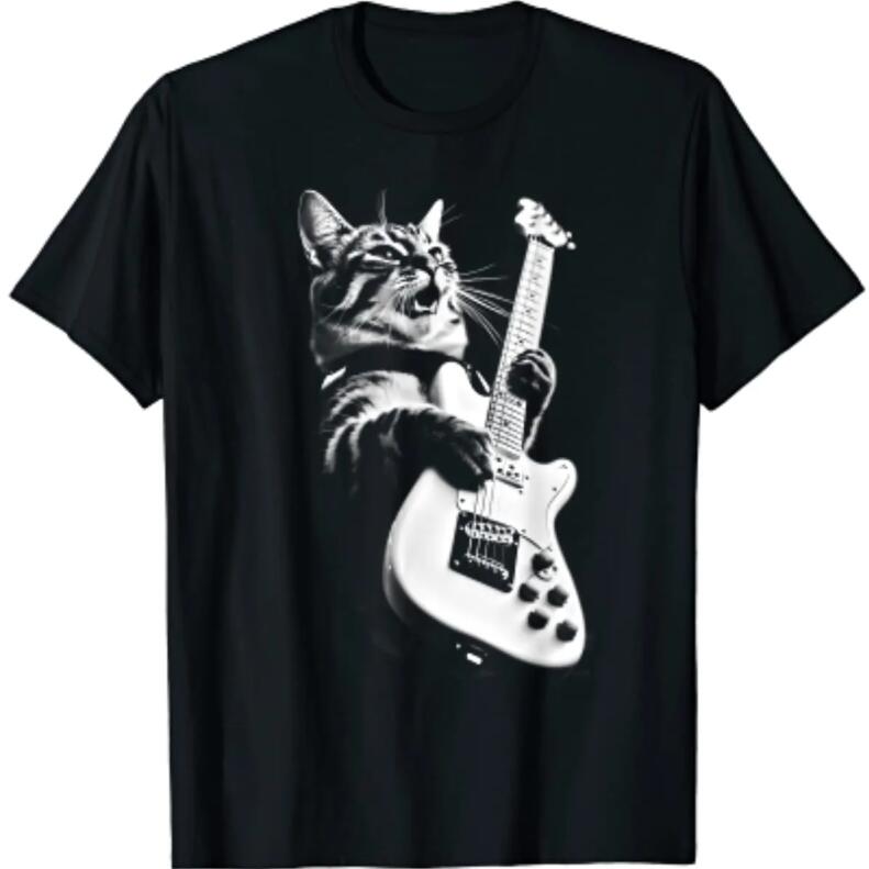 European And American Rock Cat Play The Guitar Funny Digital Printing Casual Round Neck Short Sleeves